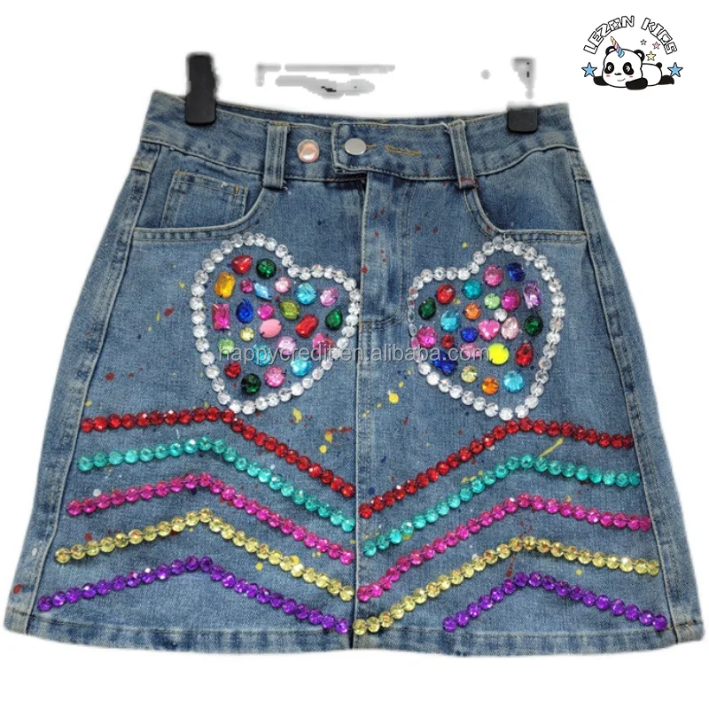 LEZONKIDS - Custom Design Fashion Hand Make Gems Denim Skirt Kid's Stones Skirt Casual A-Line Denim 2-14 Years Denim Skirt